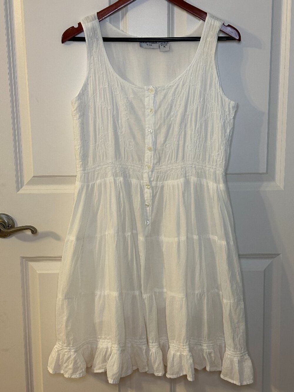 First Vision White Cotton Embroidered Tiered Dress Medium Boho Cottagecore Lagen